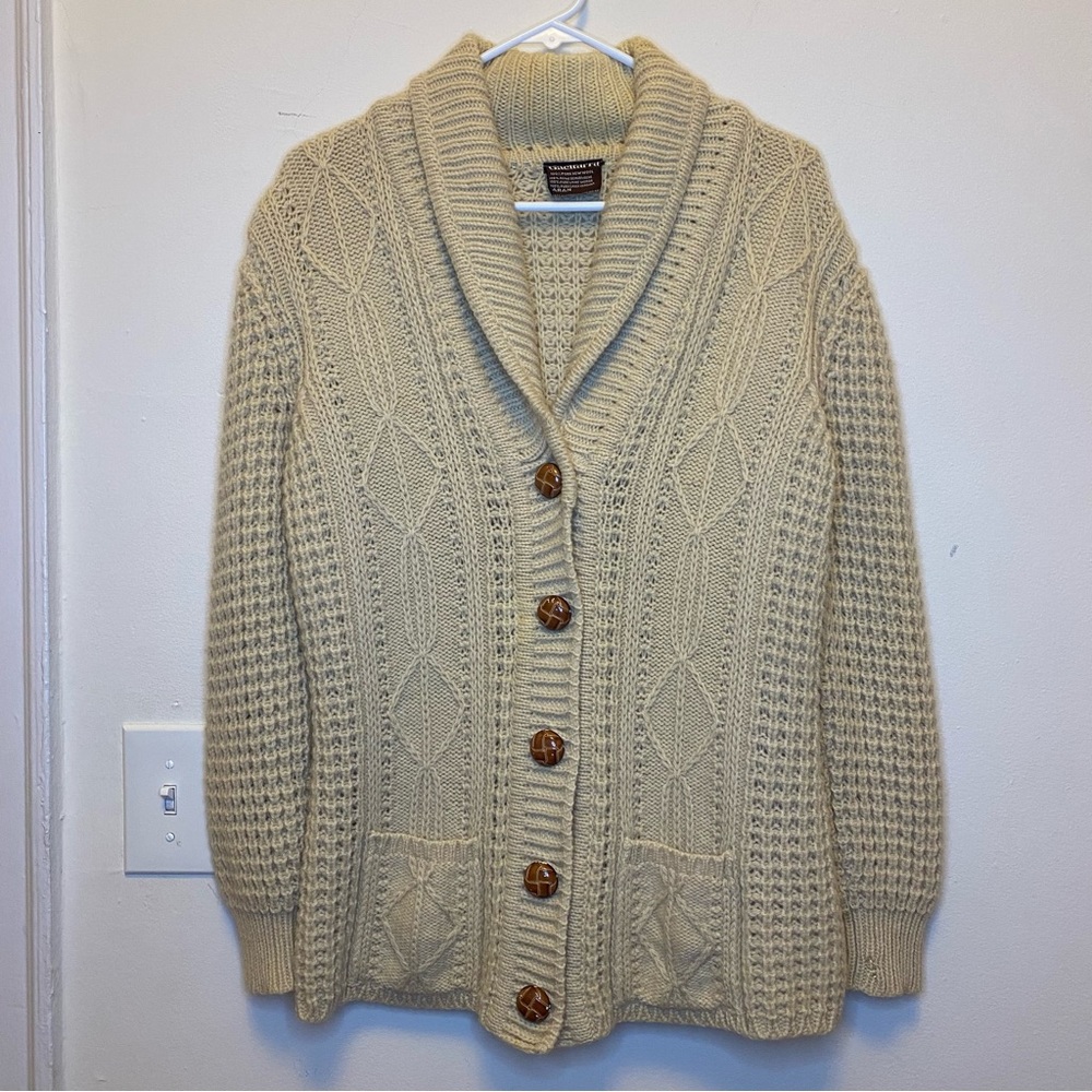 Gaeltarra Ireland Vintage Aran Wool Cable Knit Fisherman Cardigan Beige 40 Large